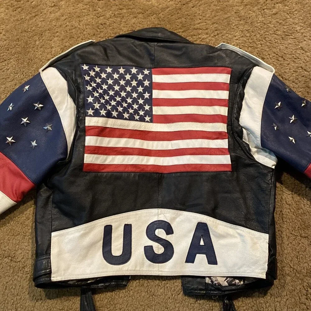 Vintage Phase 2 Leather Jacket Mens Size S American Flag Biker USA Studded Stars - Picture 9 of 16